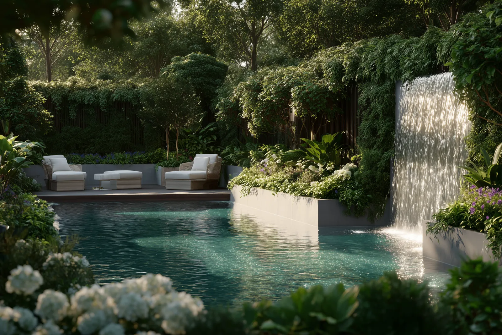 Pool mit Wasserfall, Bepflanzung und Sitzbereich